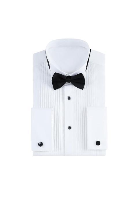 Gollnwe White Tuxedo Shirts for Men Wing Collar French Cuff with Cufflinks and Bow Tie