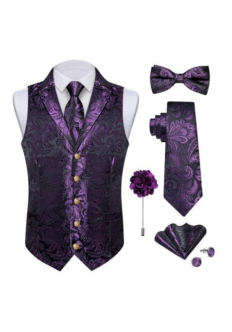 Dibangu Mens Paisley Suit Vest and Tie and Bowtie Set 7Pcs Silk Suit Waistcoat and Necktie Pretied Bowtie