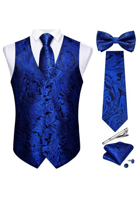 Dibangu Mens Silk Paisley Vest and Necktie Set 6Pcs Pre Tied Bow Tie Formal Waistcoat for Wedding Party