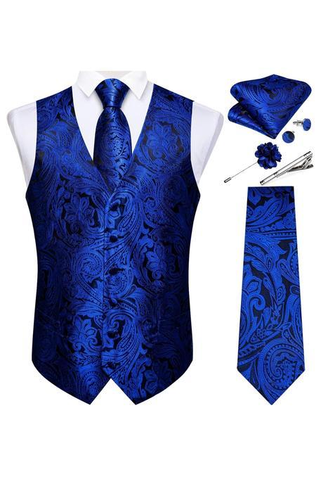 Dibangu Mens Paisley Waistcoat and Necktie Pocket Square Cufflink Vest Suit Set for Tuxedo
