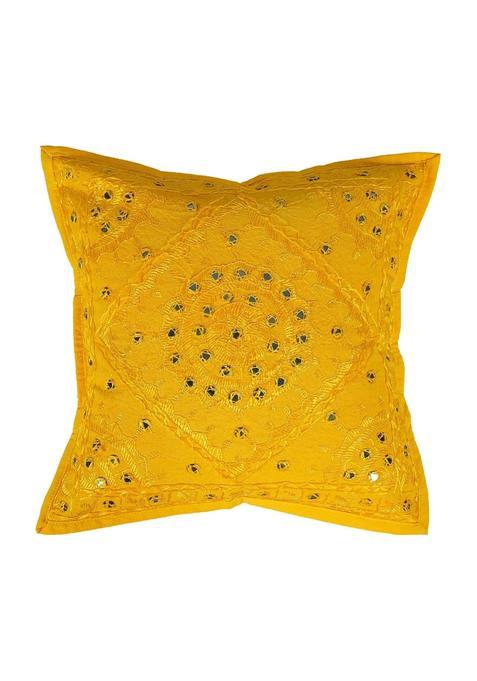 Shubhlaxmifashion Indian Yellow Mirror Embroidered 16x16 Decorative Sofa Throw Pillow Cushion Cover Boho