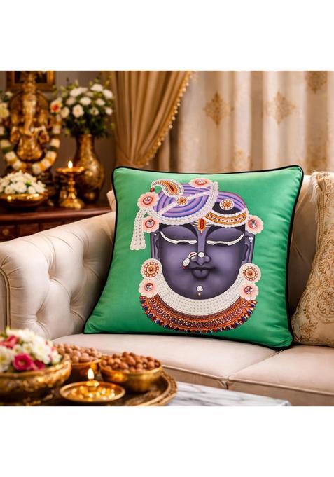 Yellow Muslin Lord Krishna Hand Embroidered Cushion Cover Premium Velvet Fabric