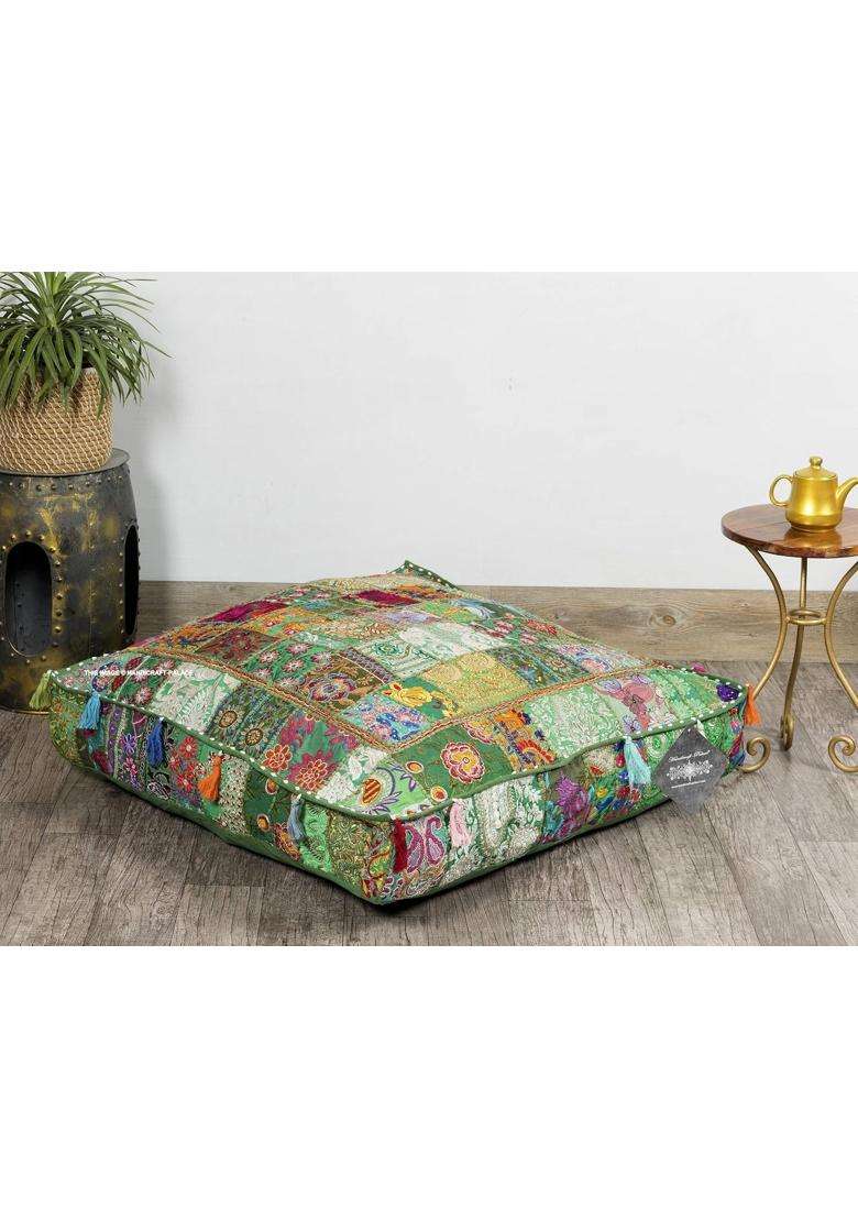 Ravaiyaa Green Attitude Is Everything Cotton Khambadiya Pouf Floor Pillow Dogbed Patbed Floor Seating Square - Indya