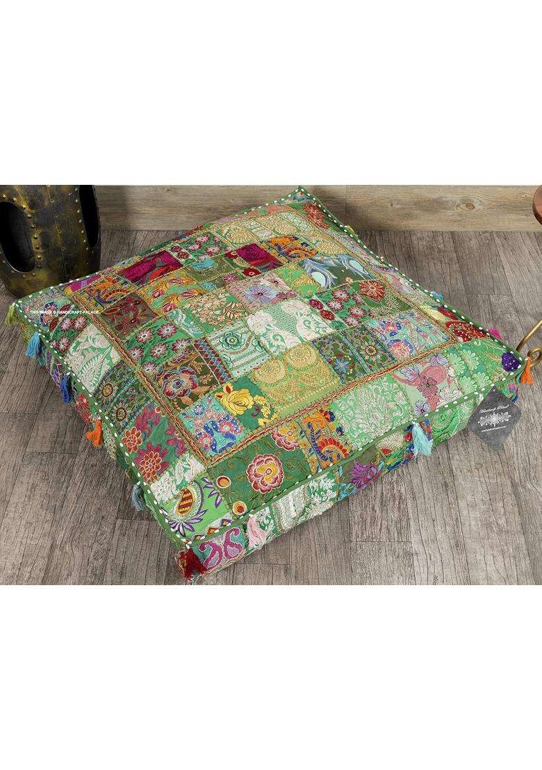 Ravaiyaa Green Attitude Is Everything Cotton Khambadiya Pouf Floor Pillow Dogbed Patbed Floor Seating Square - Indya