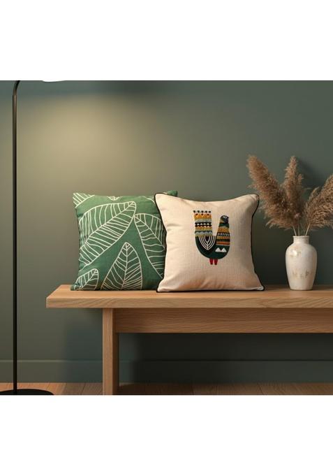 M Weaves Embroidered Cushion Cover Combo Green and Offwhite Set of 2