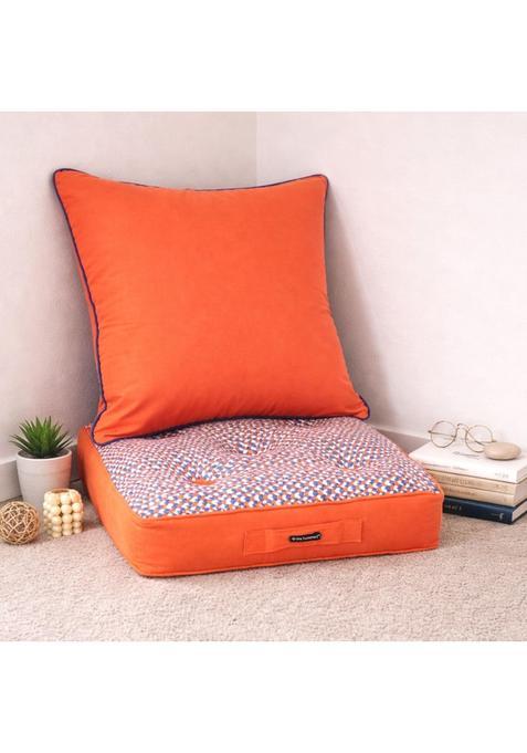 The Furnishers Orange Woven Quilted Floor Cushion Set 60x60x10 CM with Fillers and Back Cushion