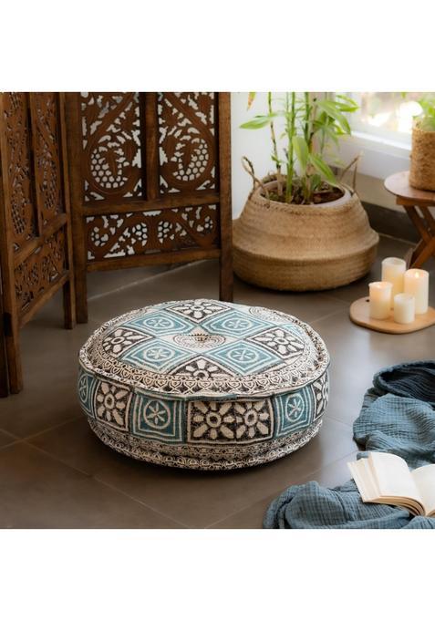Ritualistic Teal Hand Block Print Round Floor Cushion Floor Cushions for Living Room Meditation