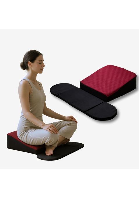 Maroon Elevated Meditation Cushion to Lift the Spine with Foldable Wings for Ankles