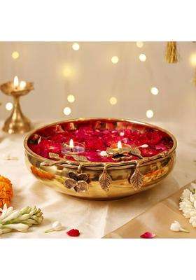 Behoma Gold Flower Design Brass Urli Decor Bowl 10 Inch