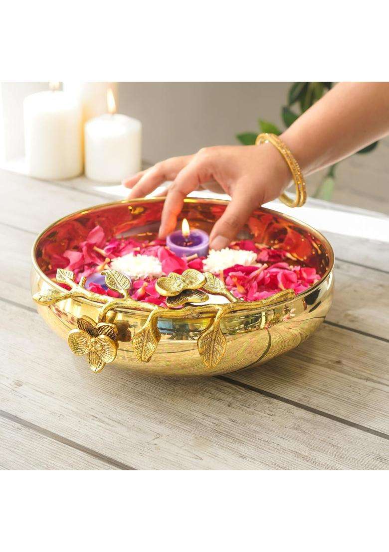 Behoma Gold Flower Design Brass Urli Decor Bowl 10 Inch - Indya