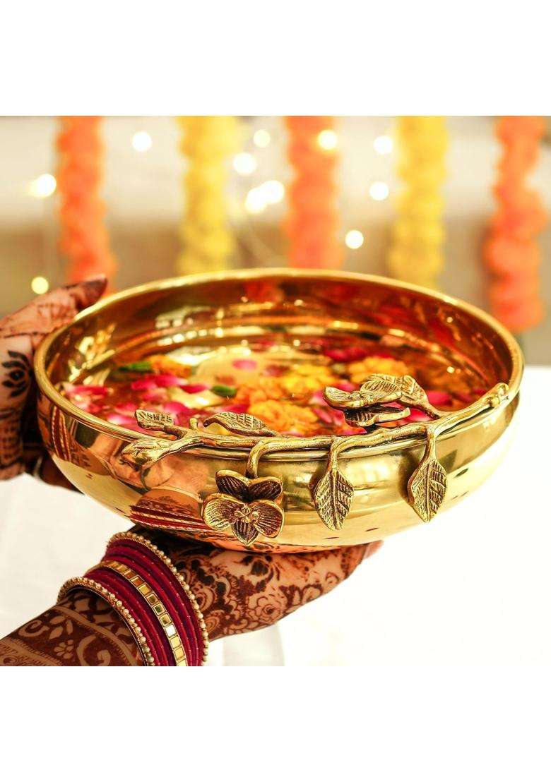 Behoma Gold Flower Design Brass Urli Decor Bowl 10 Inch - Indya