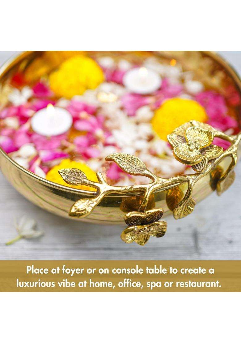 Behoma Gold Flower Design Brass Urli Decor Bowl 10 Inch - Indya