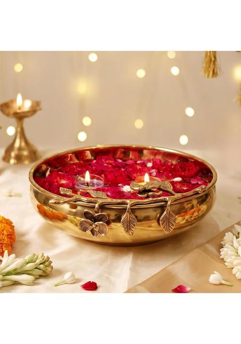 Behoma Gold Flower Design Brass Urli Decor Bowl 10 Inch