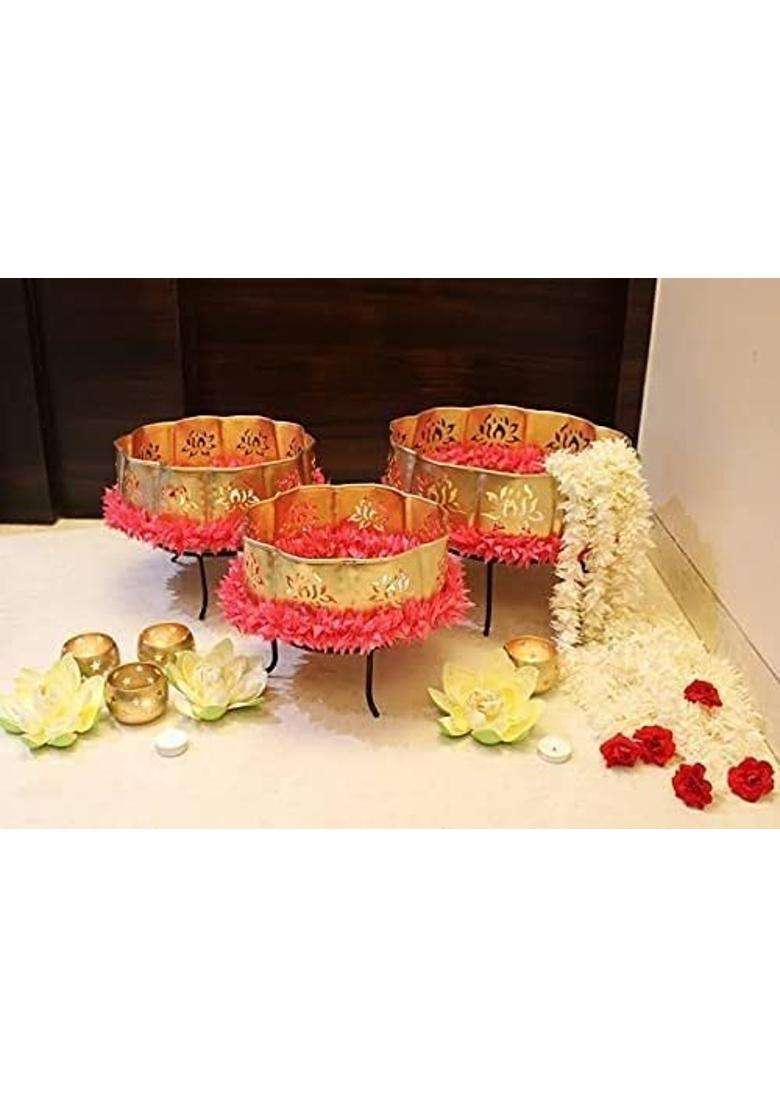 HMC Metal Solid Lotus Urli Set with Stand Pot for Floating Flower Set of 13 - Indya