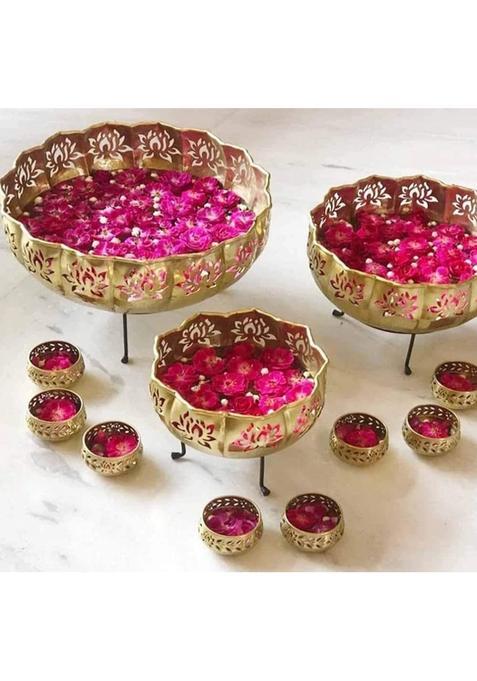 HMC Metal Solid Lotus Urli Set with Stand Pot for Floating Flower Set of 13