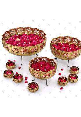 World Fire Gold Lotus Urli with Stand Pot for Home and Wedding Set of 13