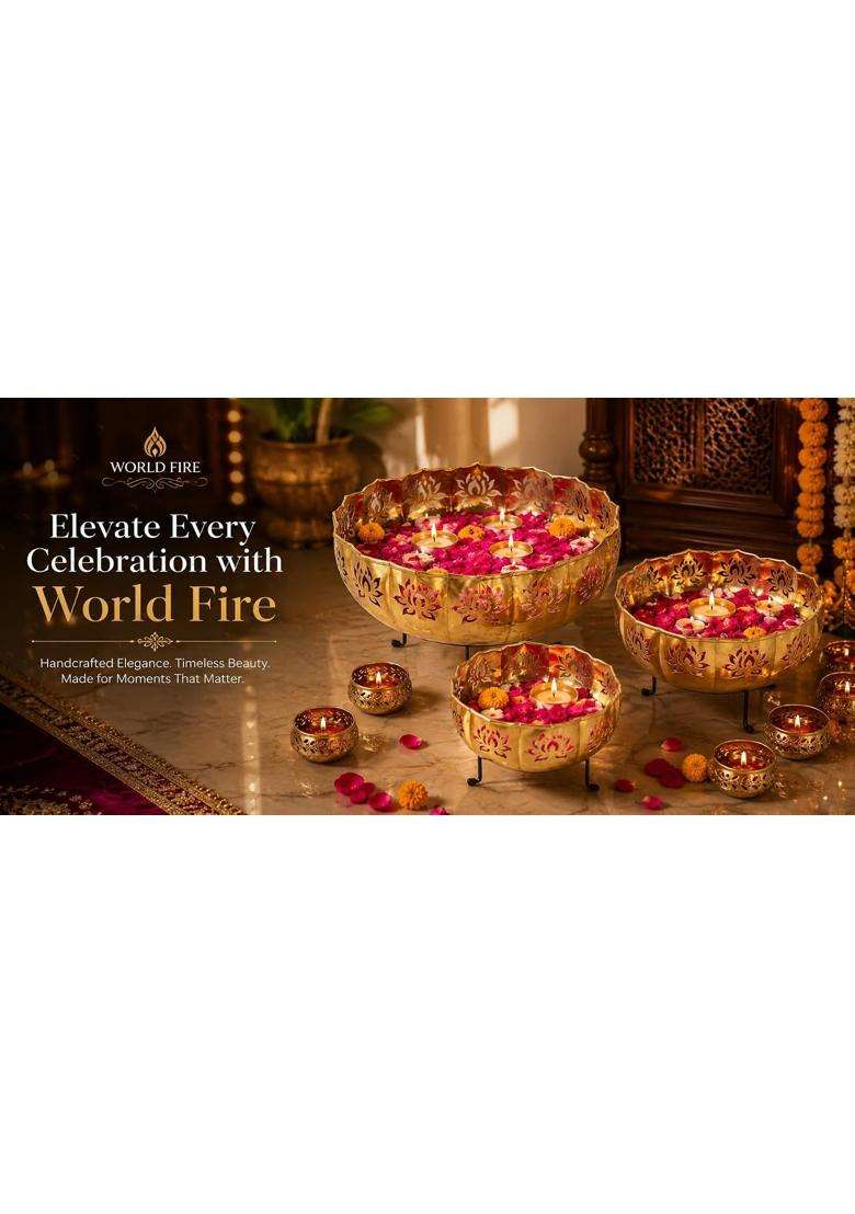World Fire Gold Lotus Urli with Stand Pot for Home and Wedding Set of 13 - Indya