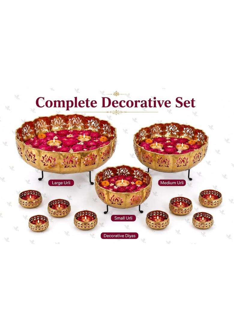 World Fire Gold Lotus Urli with Stand Pot for Home and Wedding Set of 13 - Indya