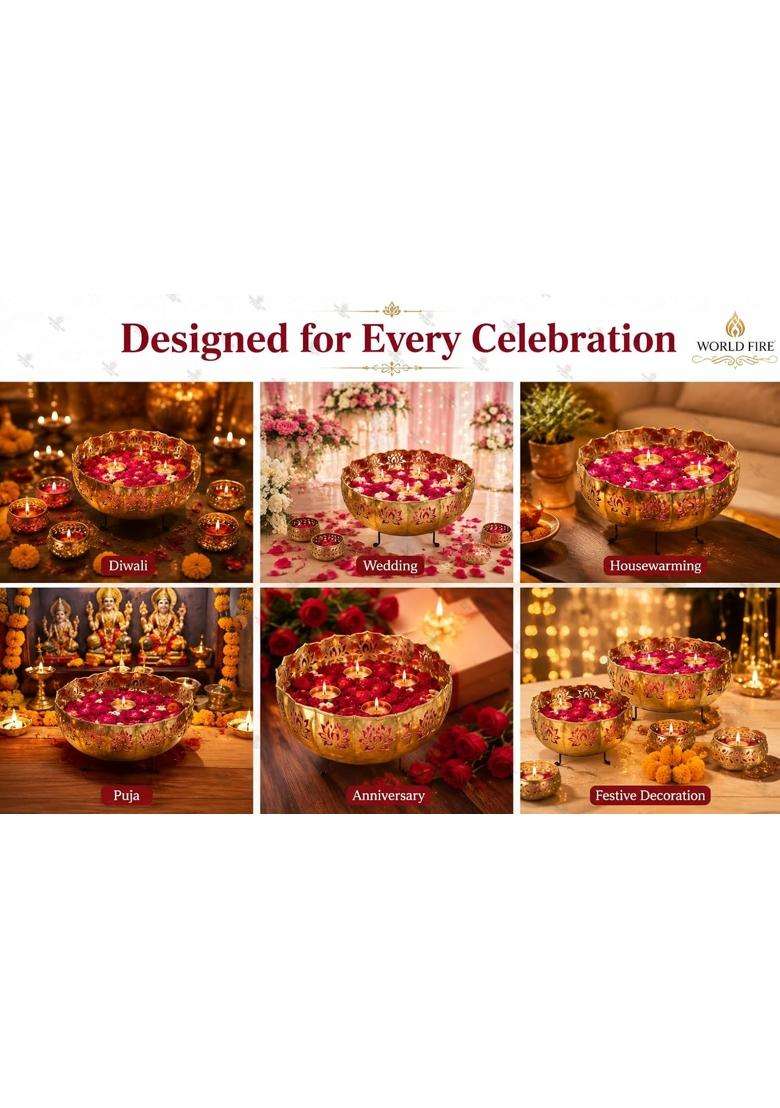 World Fire Gold Lotus Urli with Stand Pot for Home and Wedding Set of 13 - Indya