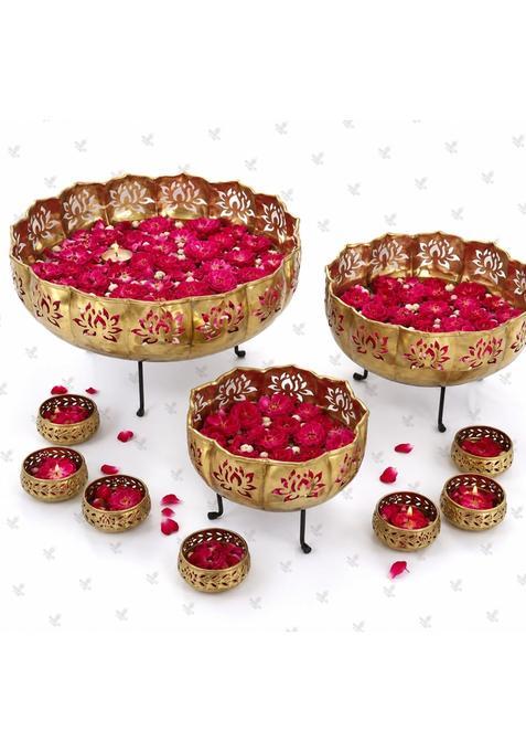 World Fire Gold Lotus Urli with Stand Pot for Home and Wedding Set of 13