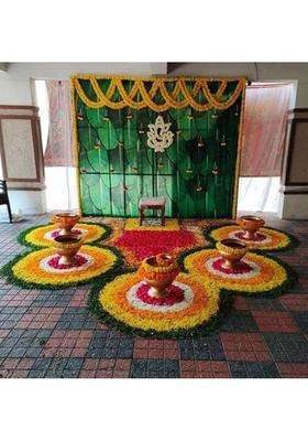 Sellpluscraft Decorative Backdrop Set with Yellow Marigold Strings and Curtain for Wedding Haldi Pooja