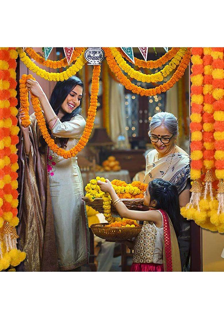 Diyana Impex Marigold Garland for Decoration 5 Pcs of 5 Feet Long Strands Artificial Marigold Flowers - Indya