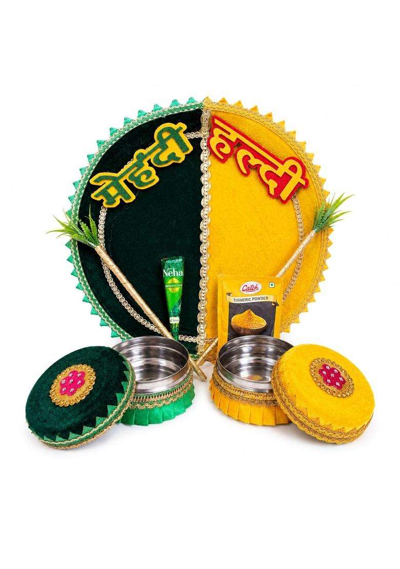 The Golden LOOM Mehndi and Haldi Pooja Thali Set Decorative Velve Plate Pack of 2 - Indya