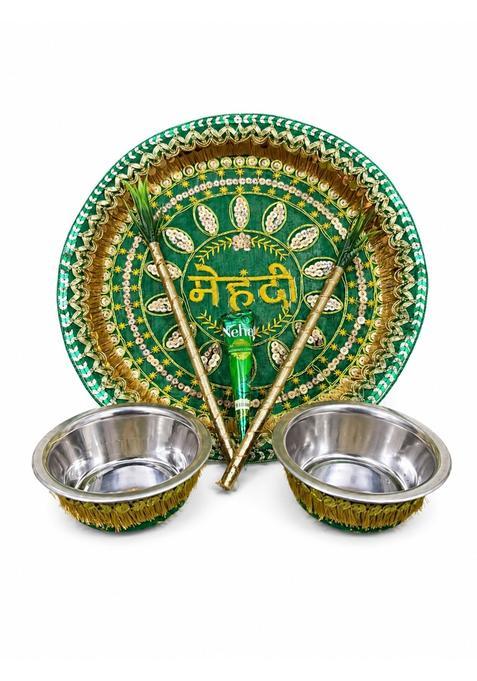 The Golden LOOM Mehndi Thali Set for Wedding Ceremony Green and Gold Decorative Mehendi Plate Pack of 2