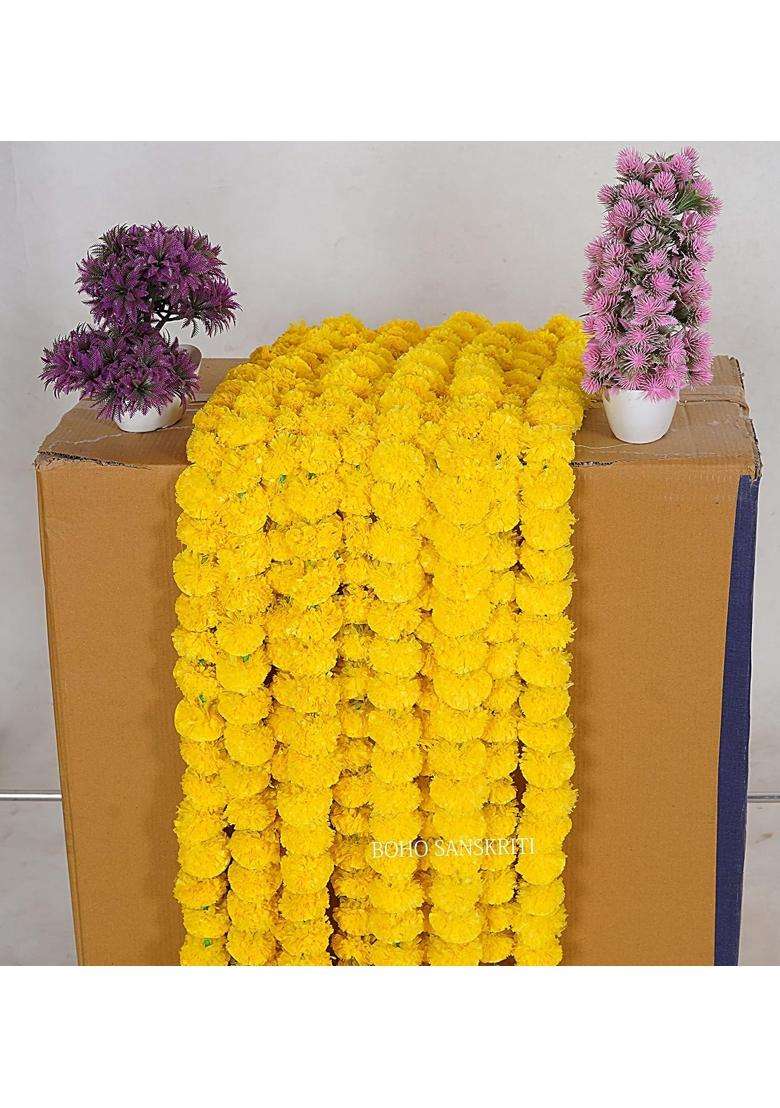 Boho Sanskriti Strings Yellow Artificial Marigold Flower 4 and Half FEET Long for Parties Weddings Pack of 20 - Indya