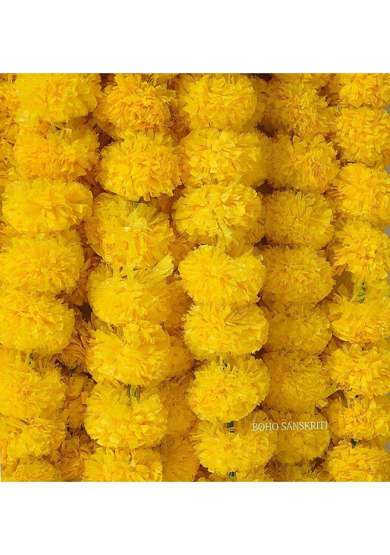 Boho Sanskriti Strings Yellow Artificial Marigold Flower 4 and Half FEET Long for Parties Weddings Pack of 20 - Indya