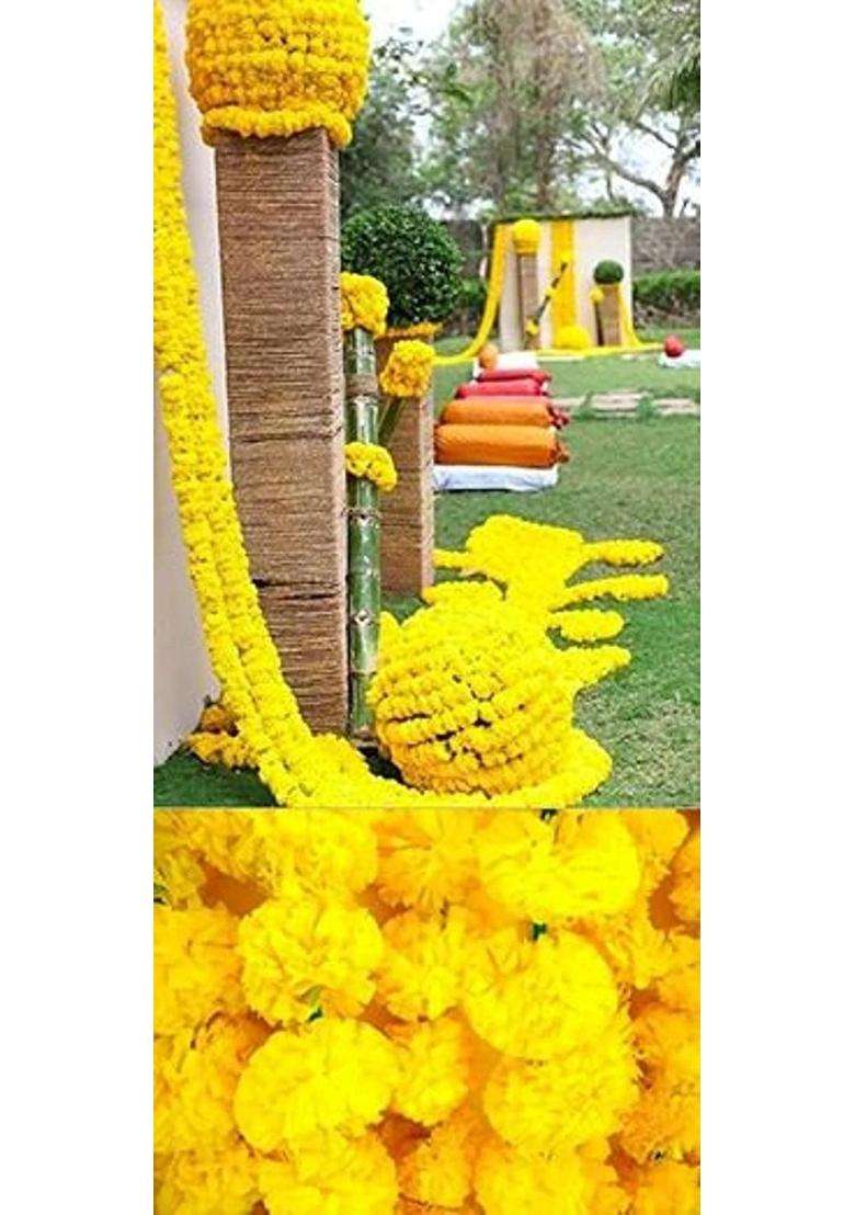 Boho Sanskriti Strings Yellow Artificial Marigold Flower 4 and Half FEET Long for Parties Weddings Pack of 20 - Indya
