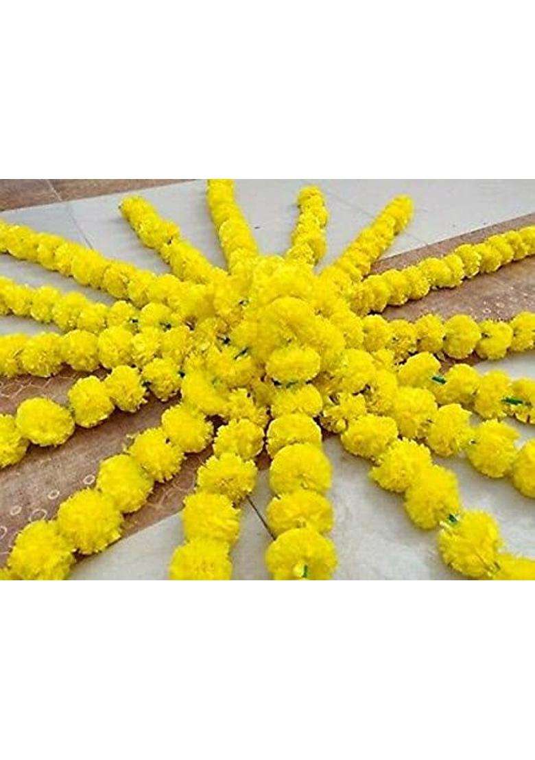 Boho Sanskriti Strings Yellow Artificial Marigold Flower 4 and Half FEET Long for Parties Weddings Pack of 20 - Indya