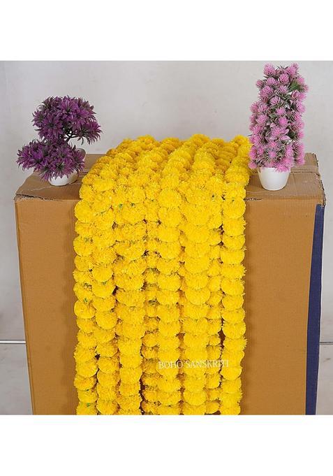 Boho Sanskriti Strings Yellow Artificial Marigold Flower 4 and Half FEET Long for Parties Weddings Pack of 20