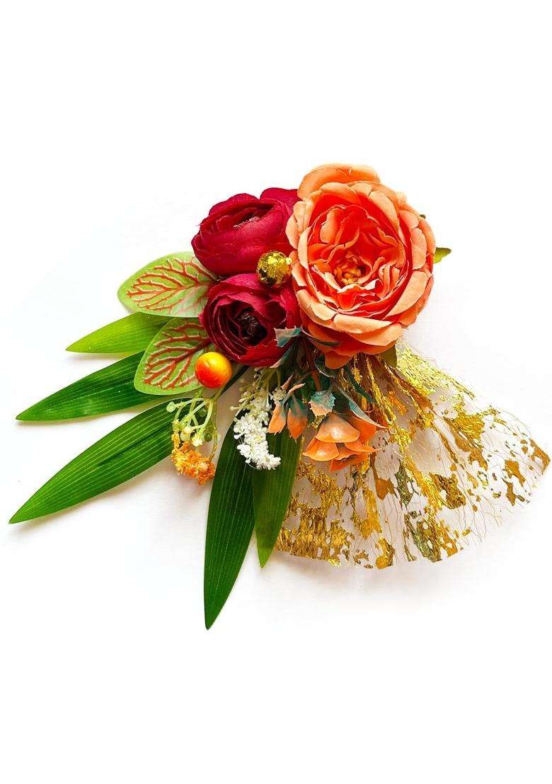 Adikala Handmade Big Artificial Rose Flower Bamboo Grass Bunch Flower Brooch Hamper for Decoration Gifting - Indya