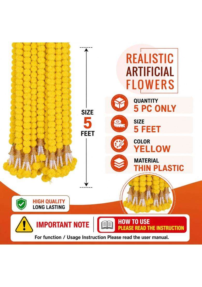 Diyana Impex Marigold Garland 5 Pcs of 5 Feet Long Strands Marigold Flowers with Bell - Indya