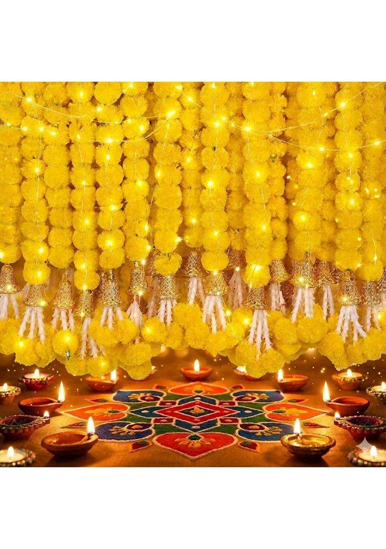 Diyana Impex Marigold Garland 5 Pcs of 5 Feet Long Strands Marigold Flowers with Bell - Indya