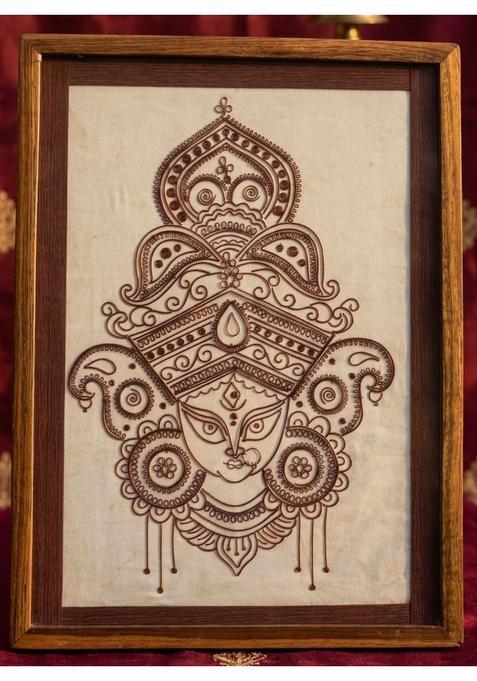 Durga Wall Art Framed Copper Style Goddess Print Traditional Indian Home Decor Wood Frame