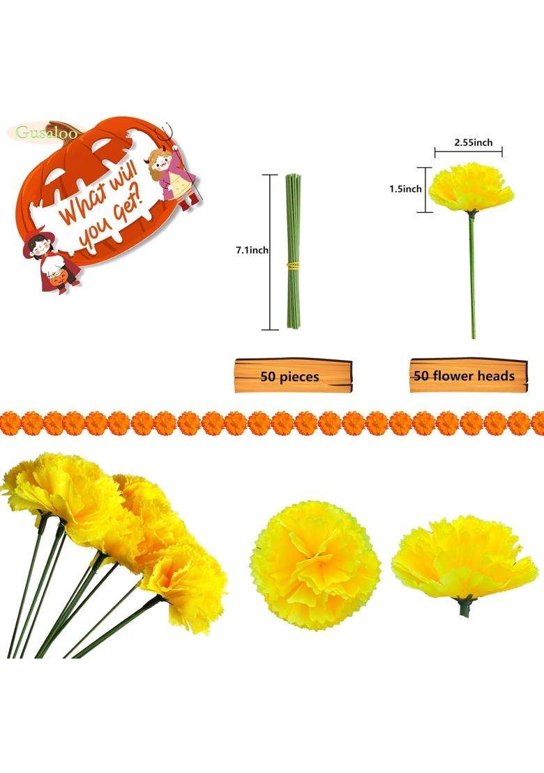 Gusaloo Marigold Flower Heads Bulk 50Pcs Silk Marigold Artificial Flowers for Diwali Home Decor DIY Wreath - Indya