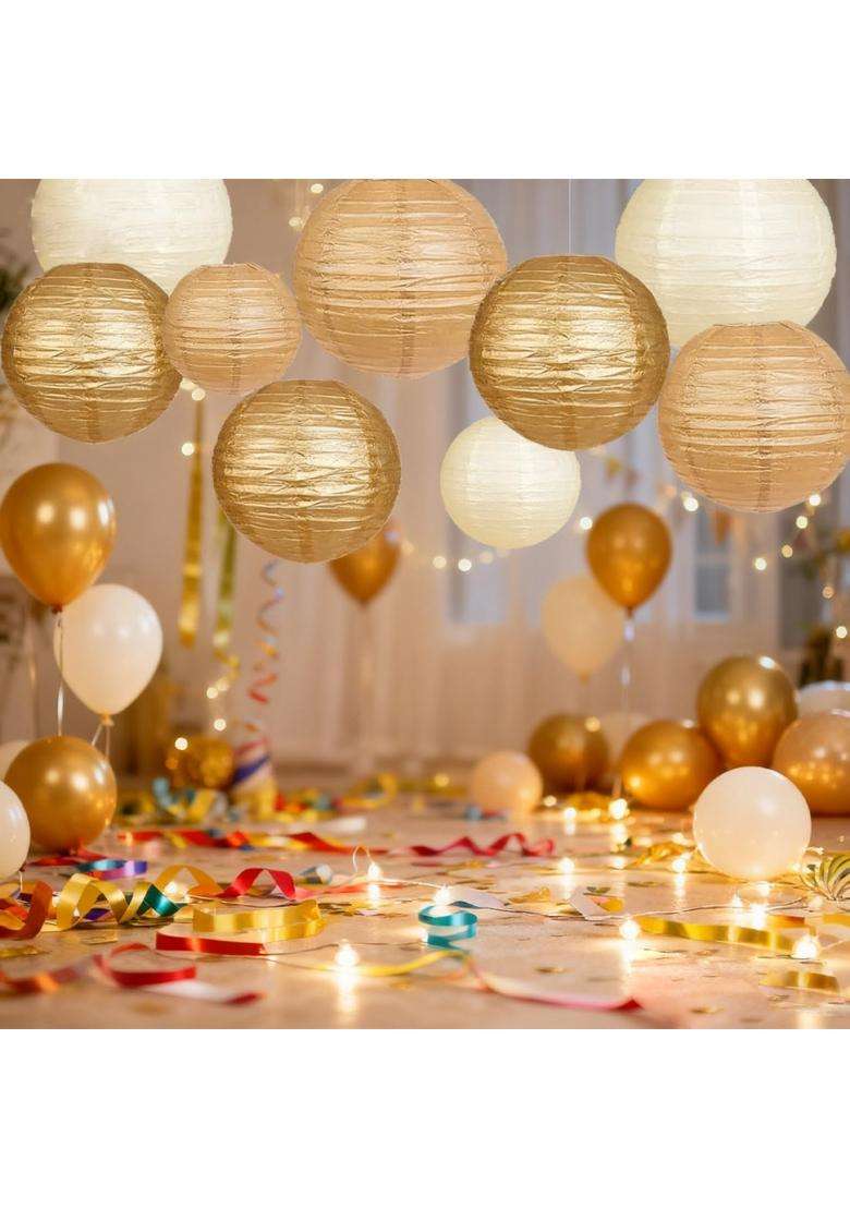 CC Wonderland Zone 12Pcs Gold Cream and Khaki Paper Lanterns - Indya