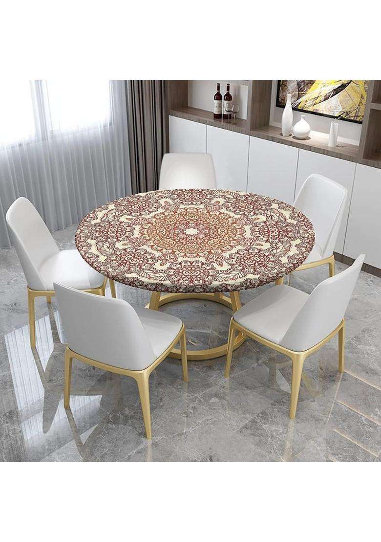 Atury Round Fitted Polyester Tablecloth Mehndi Style Round Flower Decor Elastic Edge Tablecloths 48 Tablecloth - Indya
