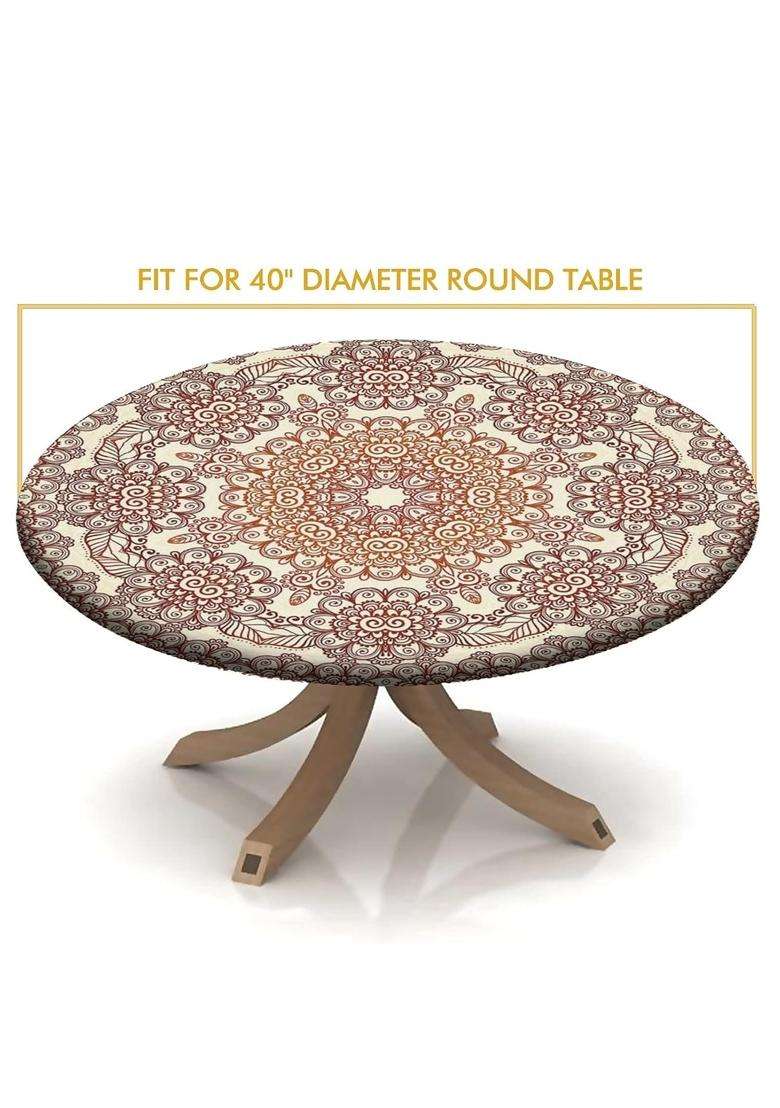 Atury Round Fitted Polyester Tablecloth Mehndi Style Round Flower Decor Elastic Edge Tablecloths 48 Tablecloth - Indya