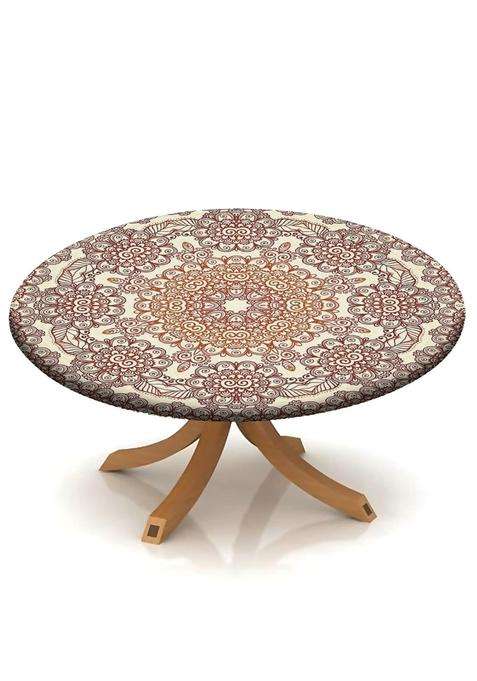 Atury Round Fitted Polyester Tablecloth Mehndi Style Round Flower Decor Elastic Edge Tablecloths 48 Tablecloth