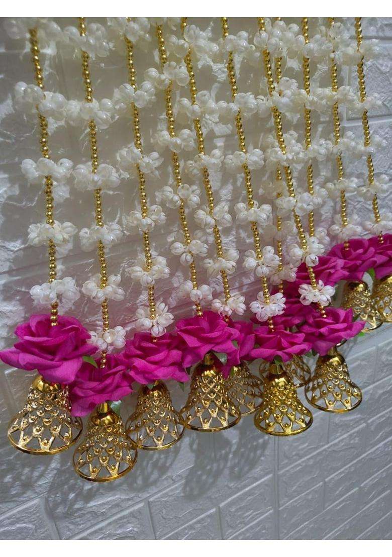 Style Speaks India Artificial Jasmine Rose Garland with Golden Bells Off White and Pink Pack of 30 - Indya