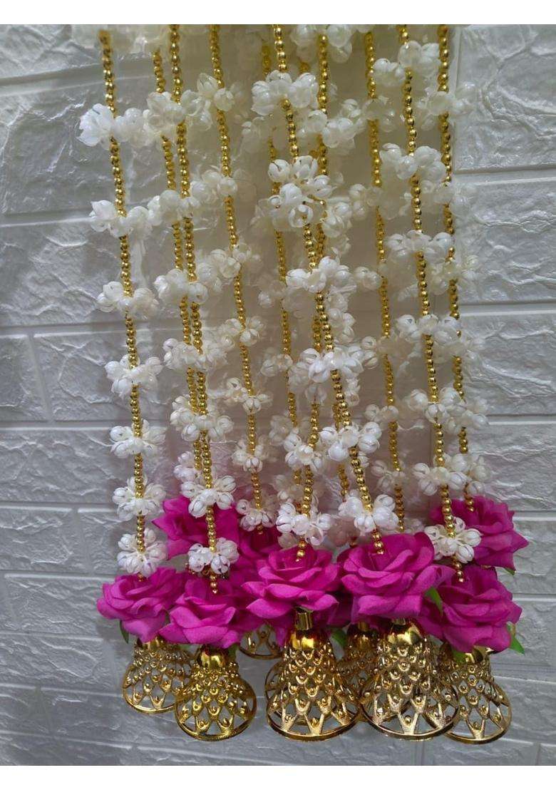 Style Speaks India Artificial Jasmine Rose Garland with Golden Bells Off White and Pink Pack of 30 - Indya