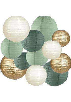 We Moment Zone 12Pcs Paper Lanterns Decorative Sage Green and Gold Ivory Round Paper Lanterns for Rustic