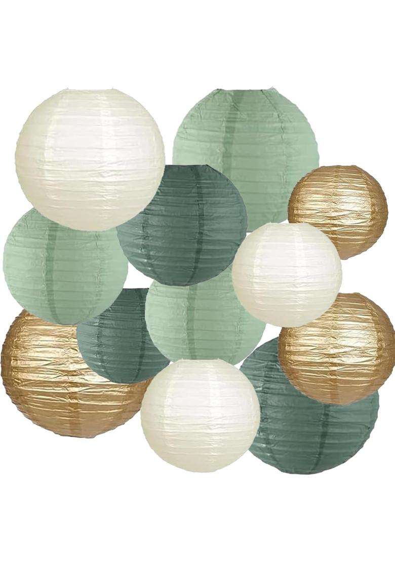 We Moment Zone 12Pcs Paper Lanterns Decorative Sage Green and Gold Ivory Round Paper Lanterns for Rustic - Indya