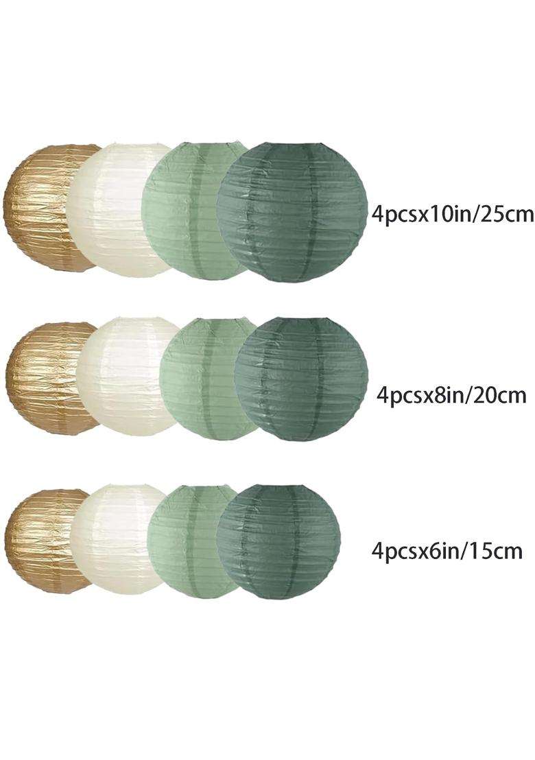 We Moment Zone 12Pcs Paper Lanterns Decorative Sage Green and Gold Ivory Round Paper Lanterns for Rustic - Indya