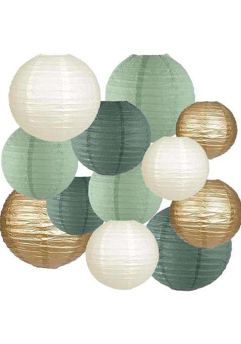 We Moment Zone 12Pcs Paper Lanterns Decorative Sage Green and Gold Ivory Round Paper Lanterns for Rustic