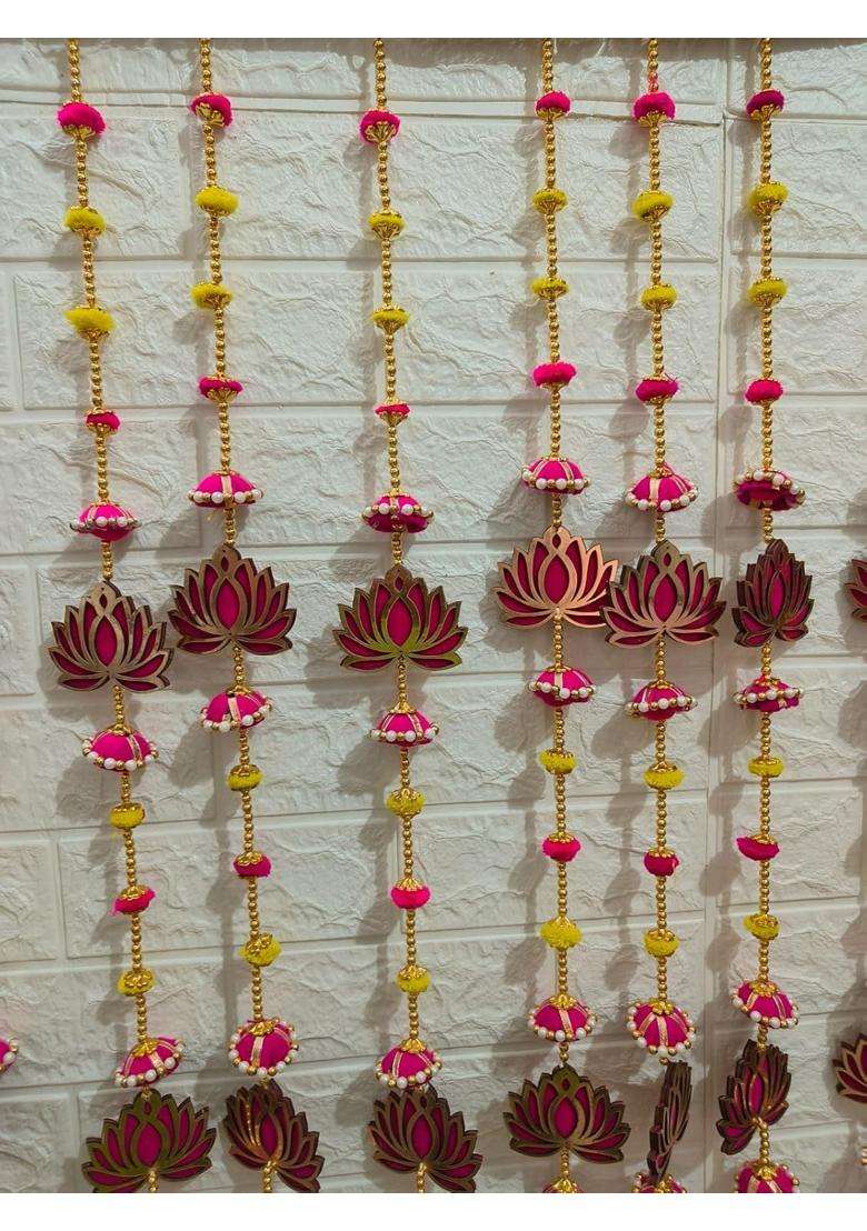 Style Speaks India Pink 3 Feet MDF Wooden Lotus Garland with Pom and Tassels Pack of 40 - Indya