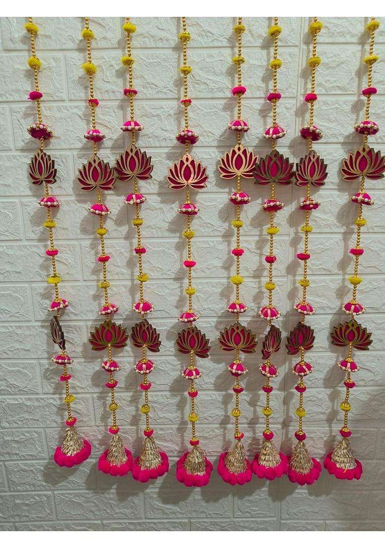 Style Speaks India Pink 3 Feet MDF Wooden Lotus Garland with Pom and Tassels Pack of 40 - Indya